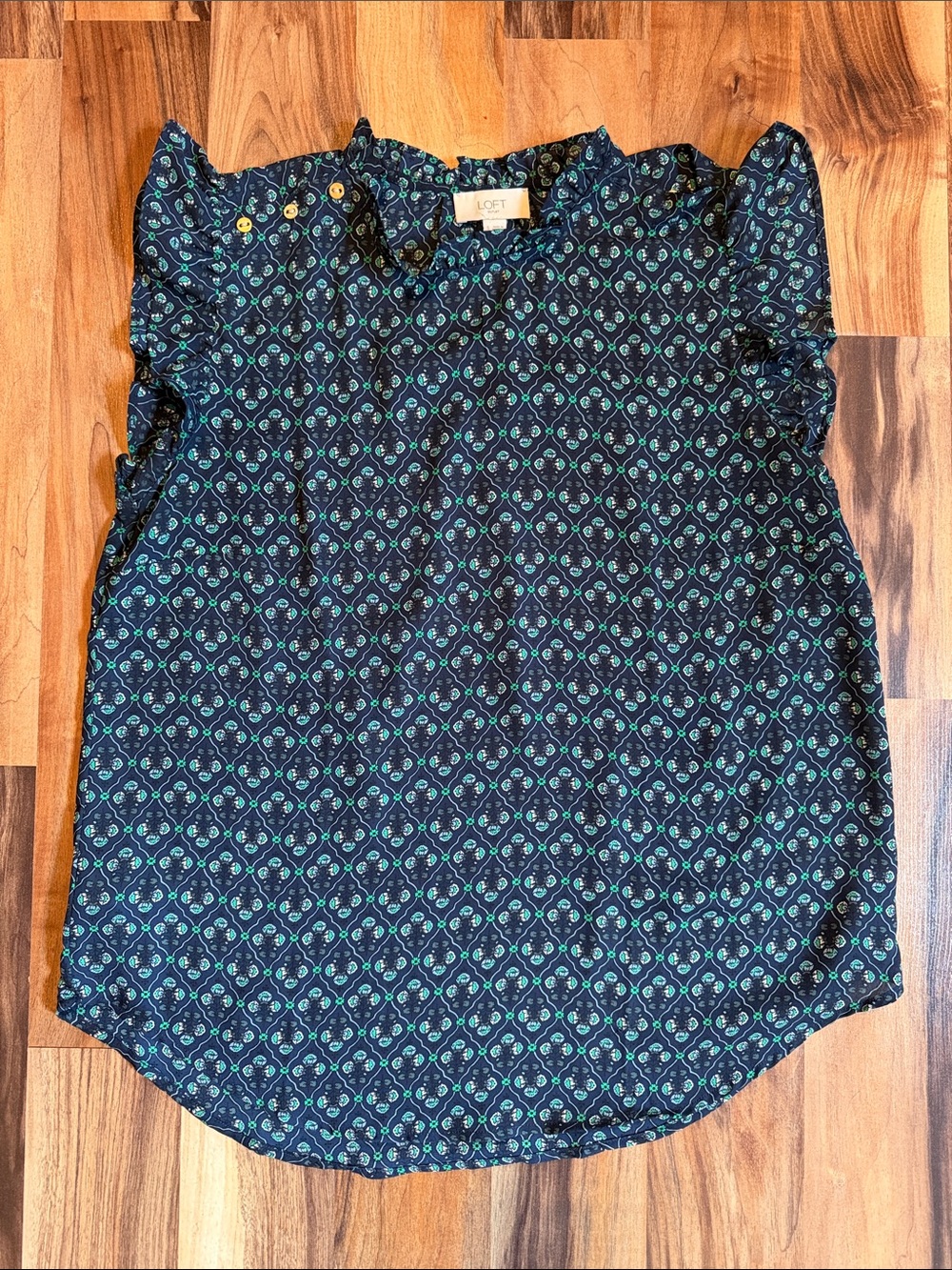 LOFT Navy Blue Floral Print Ruffle Sleeve Blouse
